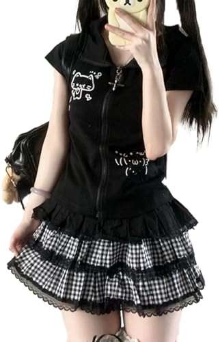 GOTHPICKUS Kawaii Y2K Cute Print Hoodies For Women Short Sleeves Cat Ears Hoodie Kawaii Zip Up Casual Slim Fit Outfits - Image 1