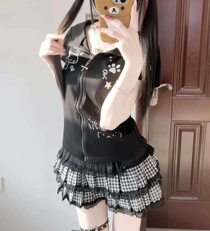 GOTHPICKUS Kawaii Y2K Cute Print Hoodies For Women Short Sleeves Cat Ears Hoodie Kawaii Zip Up Casual Slim Fit Outfits - Image 2