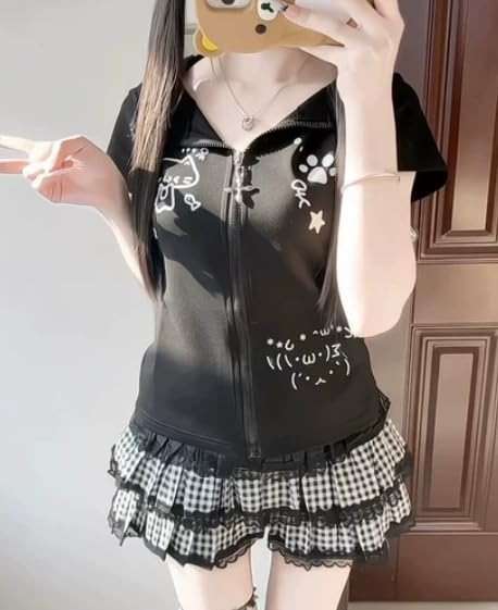 GOTHPICKUS Kawaii Y2K Cute Print Hoodies For Women Short Sleeves Cat Ears Hoodie Kawaii Zip Up Casual Slim Fit Outfits - Image 3