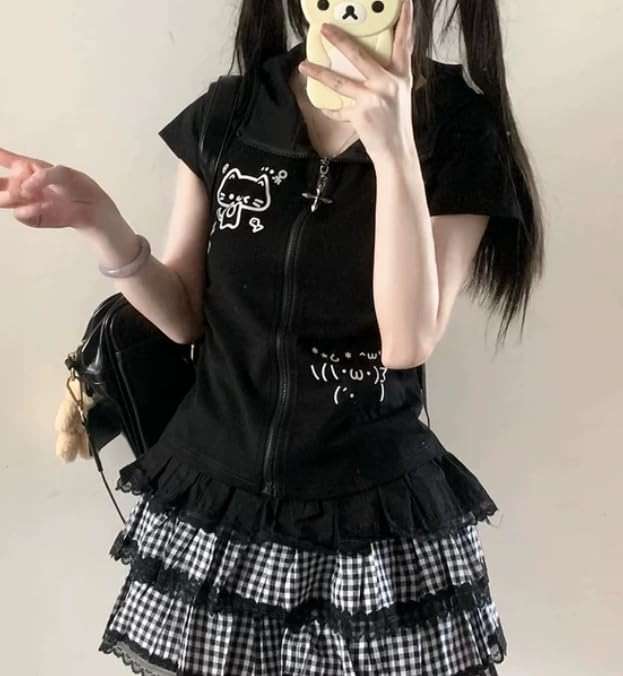 GOTHPICKUS Kawaii Y2K Cute Print Hoodies For Women Short Sleeves Cat Ears Hoodie Kawaii Zip Up Casual Slim Fit Outfits - Image 4