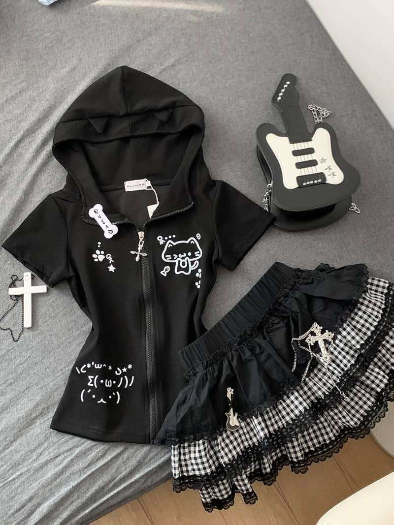 GOTHPICKUS Kawaii Y2K Cute Print Hoodies For Women Short Sleeves Cat Ears Hoodie Kawaii Zip Up Casual Slim Fit Outfits - Image 5