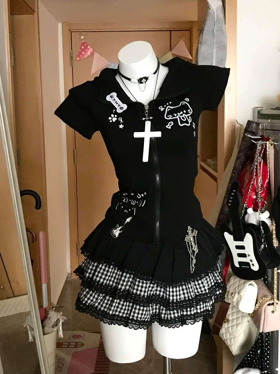 GOTHPICKUS Kawaii Y2K Cute Print Hoodies For Women Short Sleeves Cat Ears Hoodie Kawaii Zip Up Casual Slim Fit Outfits - Image 6