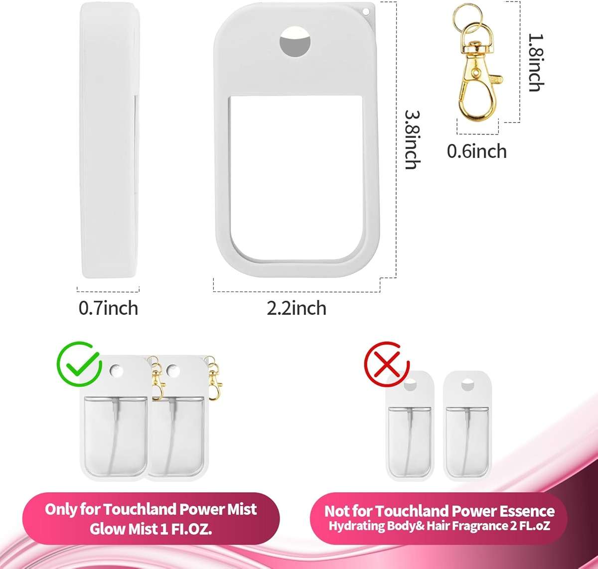 YMPEKA 2Pcs Silicone Case Compatible with Touchland Hand Sanitizer Spray, Protective Case with Keychain，Power Mist and Glow Mist 1 fl oz, Hand Sanitizer Spray Accessory (White+Pink) - Image 3