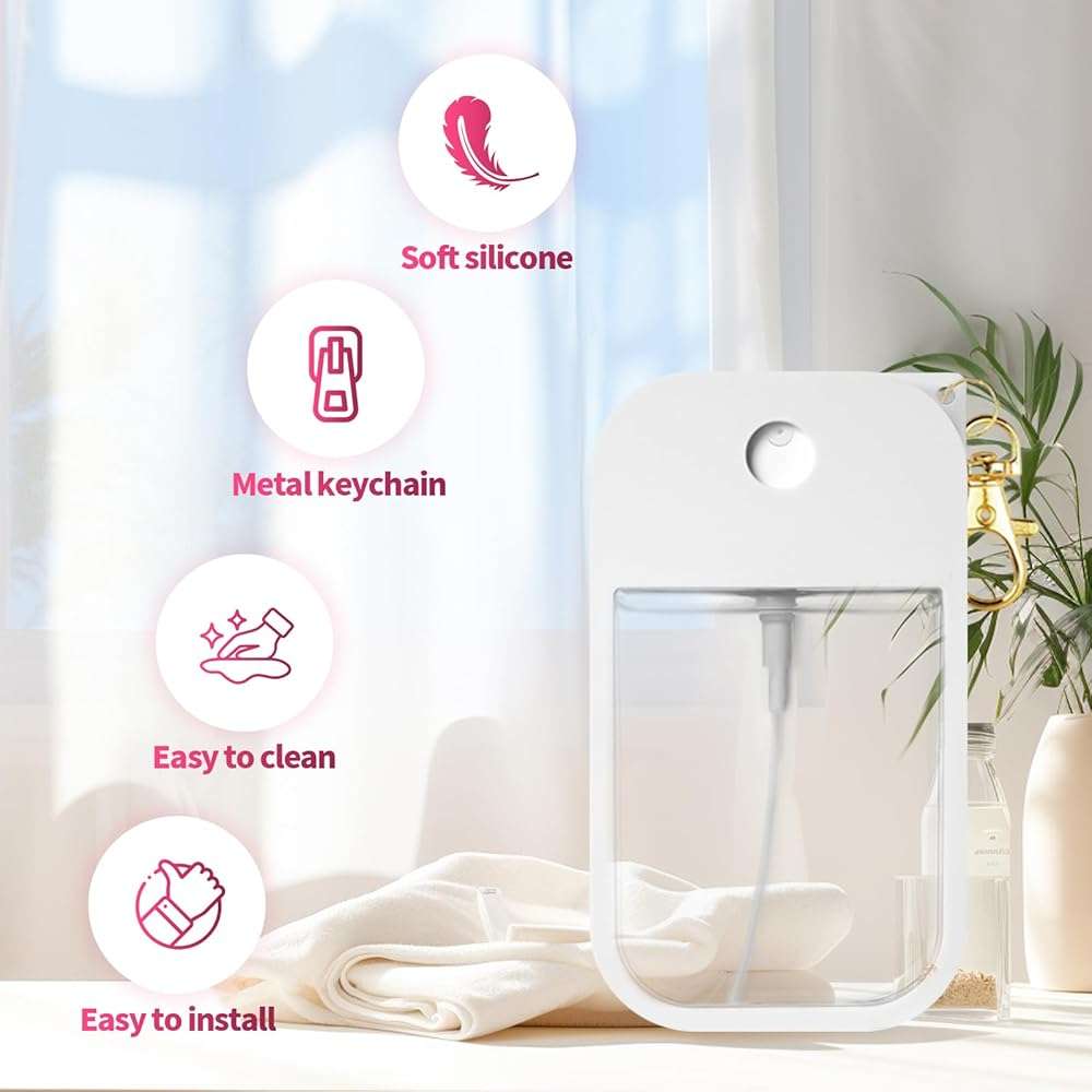 YMPEKA 2Pcs Silicone Case Compatible with Touchland Hand Sanitizer Spray, Protective Case with Keychain，Power Mist and Glow Mist 1 fl oz, Hand Sanitizer Spray Accessory (White+Pink) - Image 6