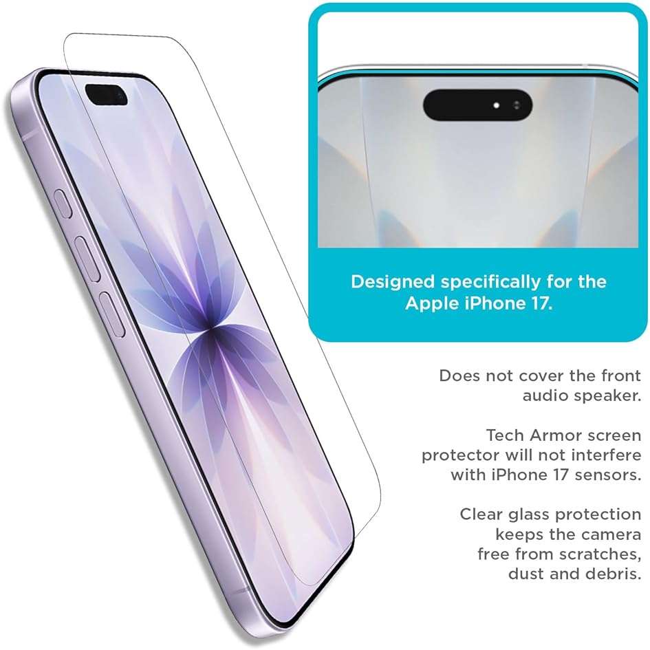 Tech Armor for iPhone 17 Screen Protector Glass 6.3 inch - Ballistic Tempered, Case Friendly, Sensor Protection, HD, 9H Hardness, 3 Pack - Image 4