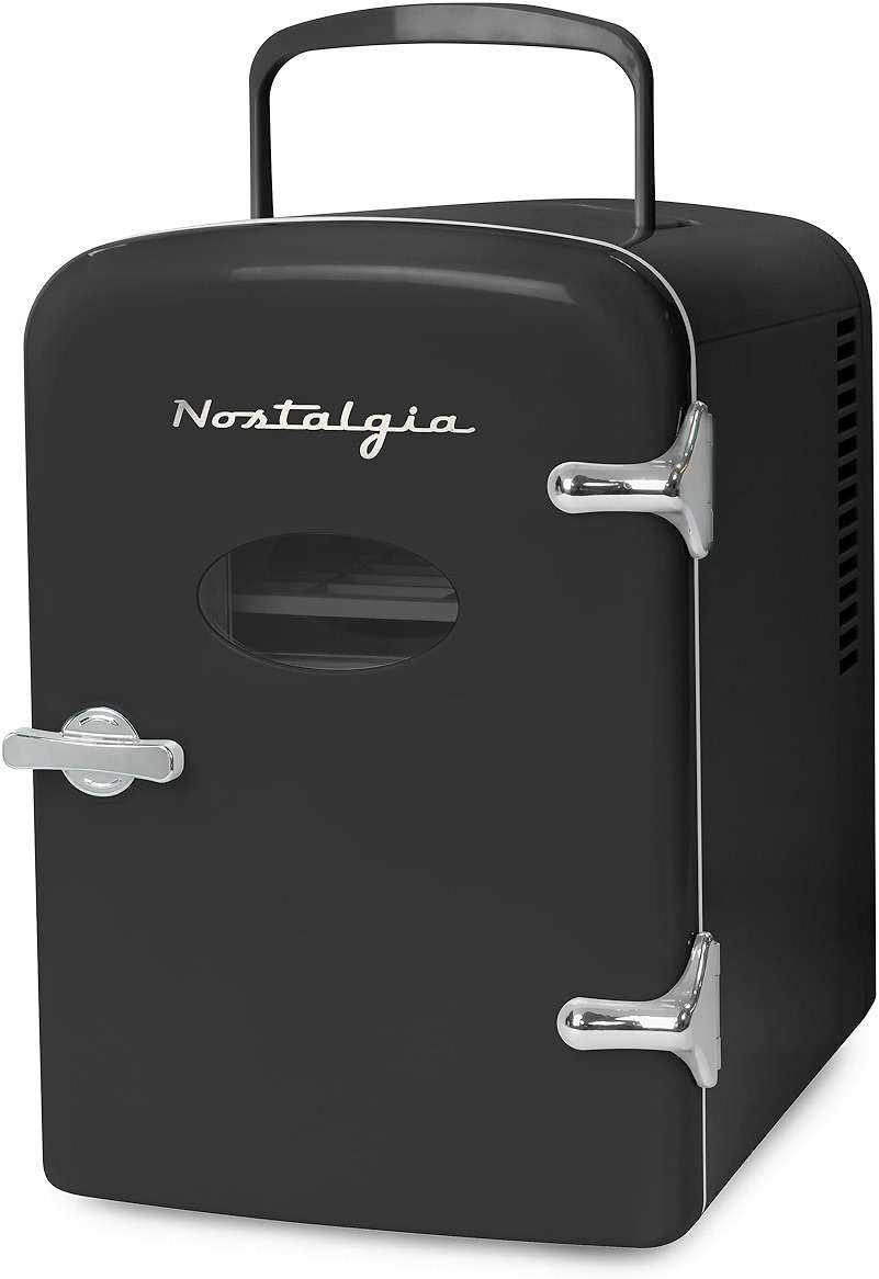 Nostalgia Retro Mini Fridge and Heater - 6-Can Capacity, 12-Volt Power Adapter, Carry Handle and Display Window - Perfect for Home, Office, Car, or Dorm Room - Black - Image 1