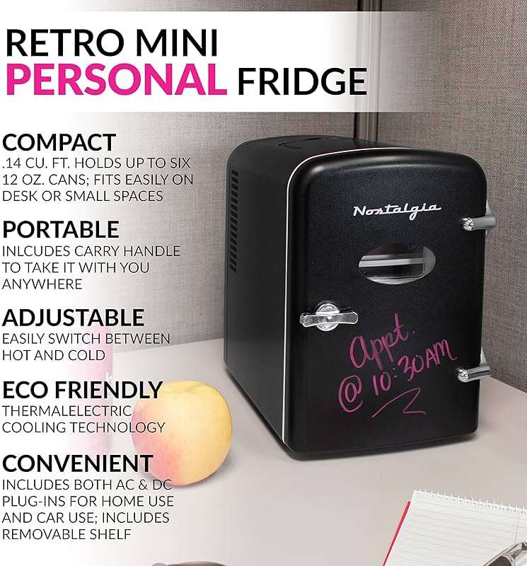 Nostalgia Retro Mini Fridge and Heater - 6-Can Capacity, 12-Volt Power Adapter, Carry Handle and Display Window - Perfect for Home, Office, Car, or Dorm Room - Black - Image 2