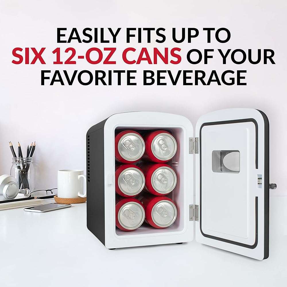 Nostalgia Retro Mini Fridge and Heater - 6-Can Capacity, 12-Volt Power Adapter, Carry Handle and Display Window - Perfect for Home, Office, Car, or Dorm Room - Black - Image 4
