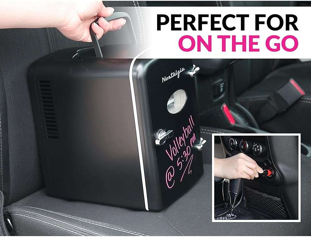Nostalgia Retro Mini Fridge and Heater - 6-Can Capacity, 12-Volt Power Adapter, Carry Handle and Display Window - Perfect for Home, Office, Car, or Dorm Room - Black - Image 6