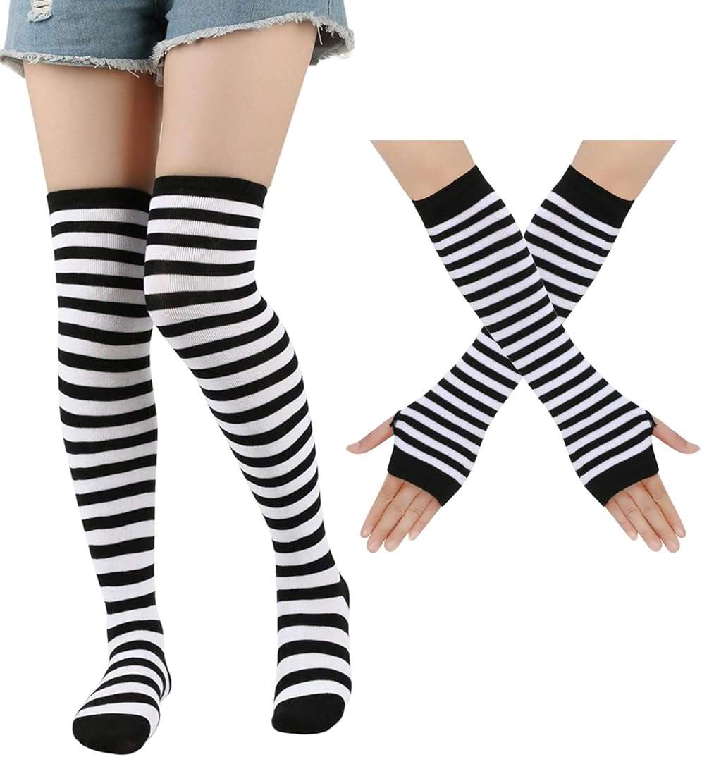 Bycc Bynn 3 Pairs Women Vibrant Striped Knee High Socks & Fingerless Gloves Set - Multi Color Combos, Halloween, Christmas - Image 2