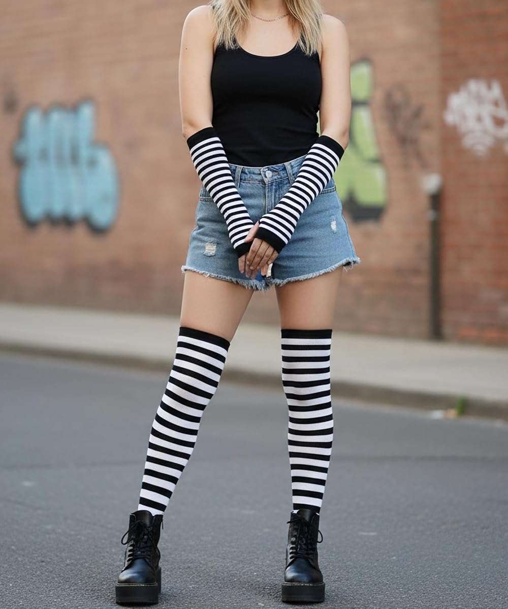Bycc Bynn 3 Pairs Women Vibrant Striped Knee High Socks & Fingerless Gloves Set - Multi Color Combos, Halloween, Christmas - Image 6