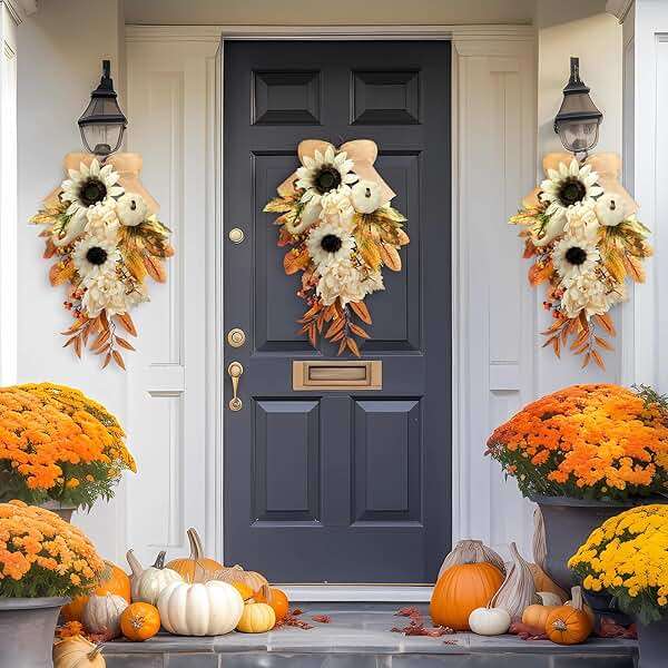 Thiccywoov 2-Pack Fall Teardrop Swags 20‘' Harvest Teardrop Decoration with Mixed Pumpkins, Sunflowers, Berries & Rustic Burlap Bows, Autumn Wreath for Front Door Home Decor(Fall) - Image 4