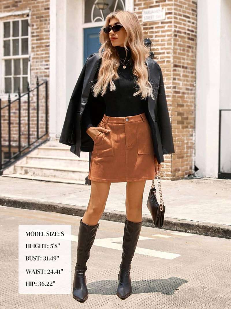 Kate Kasin Women Suede Mini Skirt, High Waisted Pencil Skirt with Pockets, Fall Winter Dressy Casual Office Work Skirts 2026 - Image 6