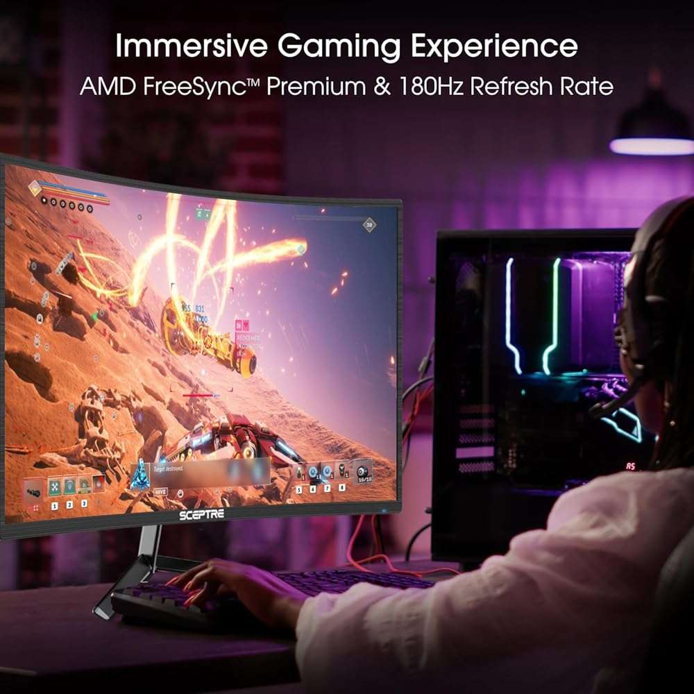 Sceptre New 24-inch Curved Gaming Monitor 1080p up to 180+Hz DisplayPort HDMI 100% sRGB, AMD FreeSync Build-in Speakers Machine Black 2026 (C248B-FWT168 Series) - Image 6