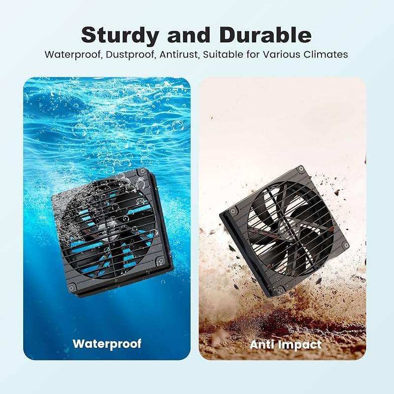 pqins 7.1" Solar Greenhouse Fan 2 Pack, 25W x 2 Large Solar Powered Intake and Exhaust Fan Outdoor Waterproof, 16.5 ft Cord, Strong Airflow for Chicken Coop Circulation and Ventilation, No Battery - Image 4