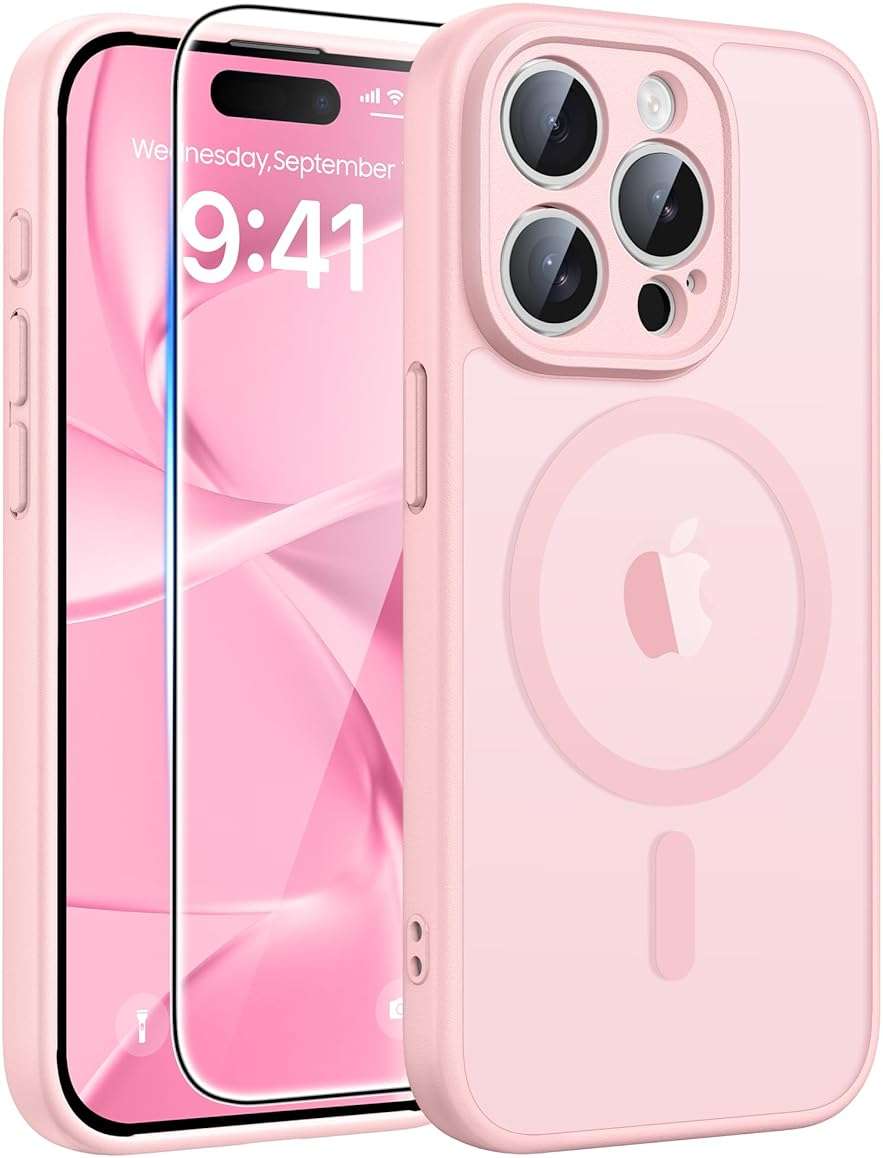 FNTCASE for iPhone 15 Pro Max Case: [Compatible with Magsafe] Translucent Matte Cases with [Full Camera Protection] [Screen Protector] Military Grade Shockproof Protective Phone Cover - Light Pink - Image 1