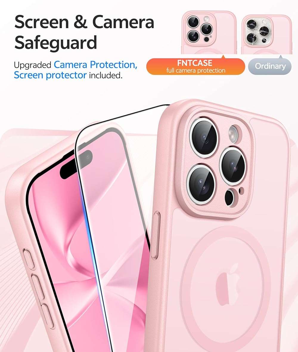 FNTCASE for iPhone 15 Pro Max Case: [Compatible with Magsafe] Translucent Matte Cases with [Full Camera Protection] [Screen Protector] Military Grade Shockproof Protective Phone Cover - Light Pink - Image 4