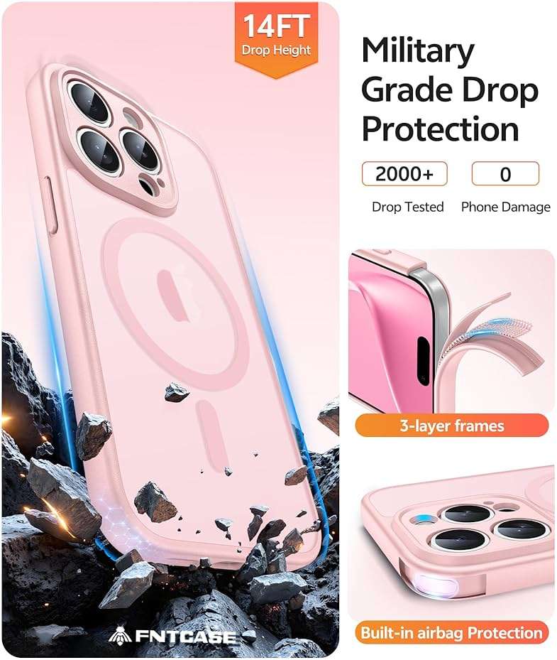 FNTCASE for iPhone 15 Pro Max Case: [Compatible with Magsafe] Translucent Matte Cases with [Full Camera Protection] [Screen Protector] Military Grade Shockproof Protective Phone Cover - Light Pink - Image 5