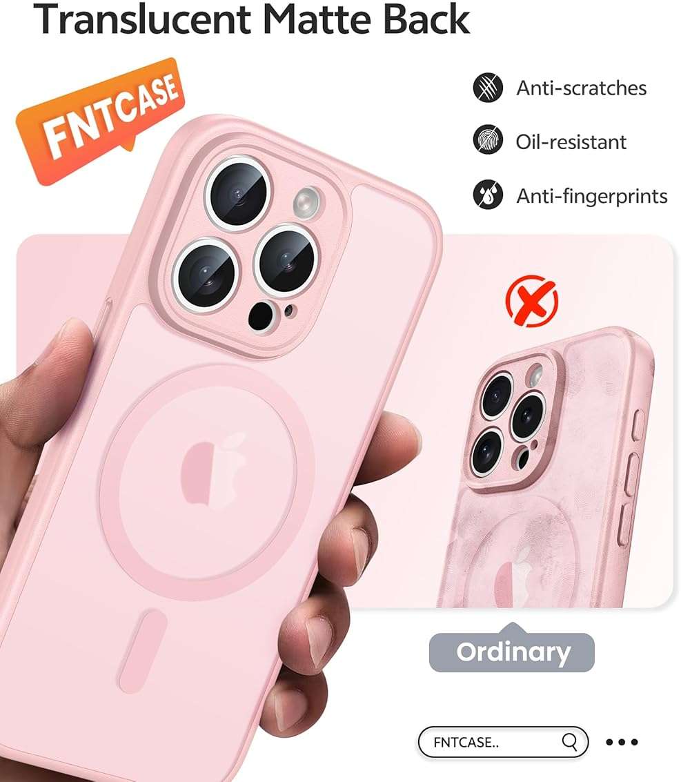 FNTCASE for iPhone 15 Pro Max Case: [Compatible with Magsafe] Translucent Matte Cases with [Full Camera Protection] [Screen Protector] Military Grade Shockproof Protective Phone Cover - Light Pink - Image 6