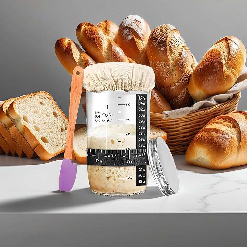 Sourdough Fermentation Starter Kit – 34Oz Glass Jars With Thermometers, Scrapers, Date Bands, Lids & Cloth Covers - Image 4