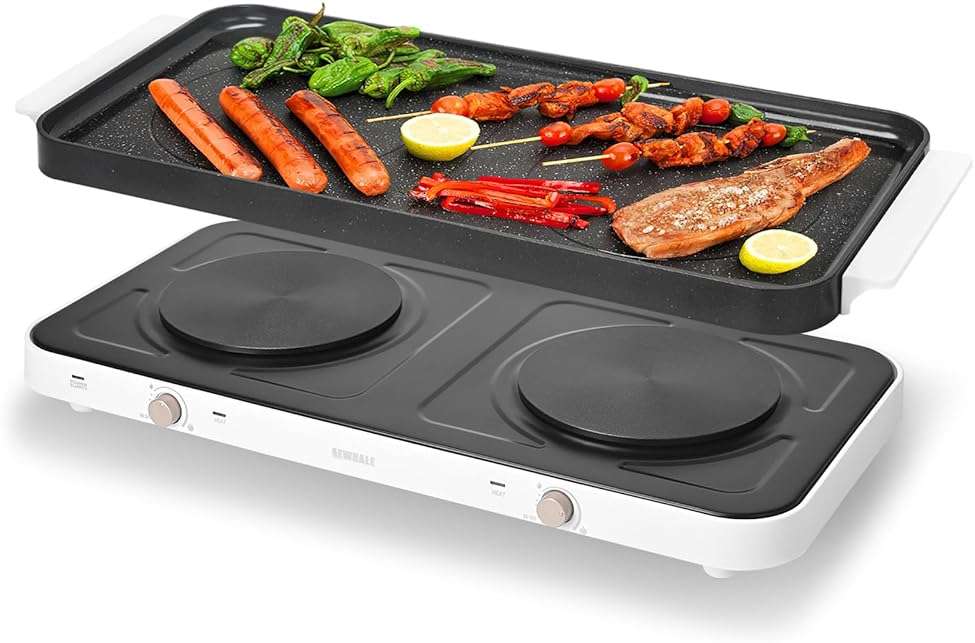 AEWHALE Countertop Double Burners with Removable Griddle Pan Non-stick,1800W Electric Hot Plate Adjustable Temperature - Image 1