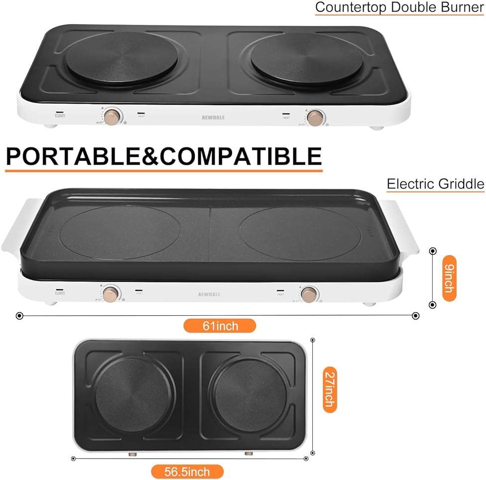 AEWHALE Countertop Double Burners with Removable Griddle Pan Non-stick,1800W Electric Hot Plate Adjustable Temperature - Image 2