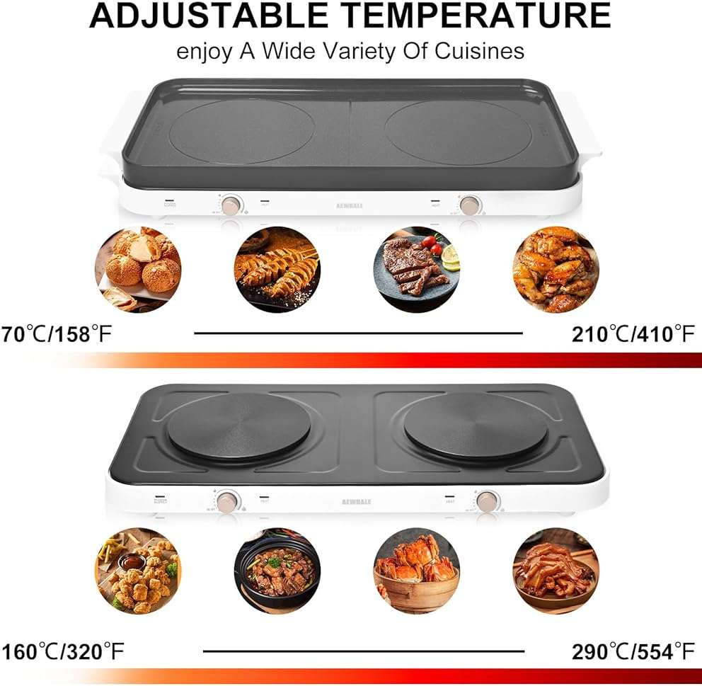 AEWHALE Countertop Double Burners with Removable Griddle Pan Non-stick,1800W Electric Hot Plate Adjustable Temperature - Image 4