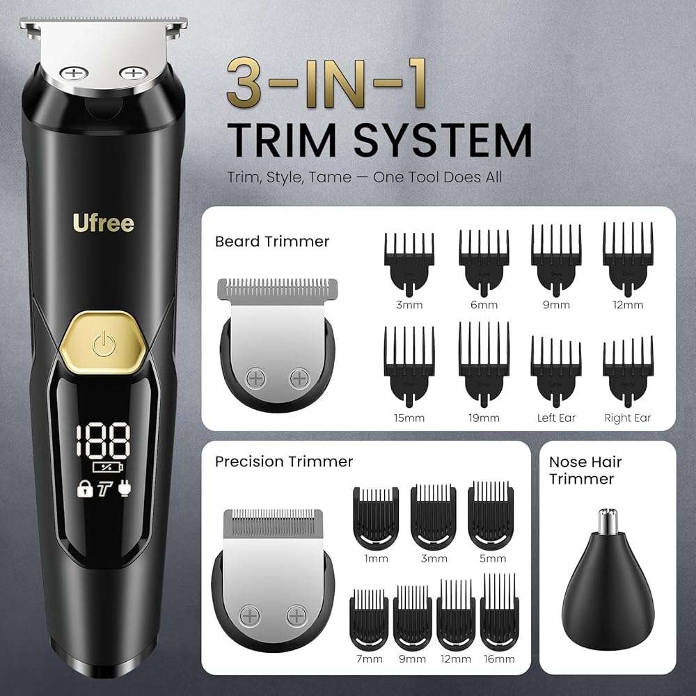 Ufree 3-in-1 Beard Trimmer for Men, IPX6 Waterproof Electric Razor Shaver, Hair Mustache Body Nose Trimmer, Type-C Clippers Husband Father boy Grooming Kit, Birthday Gifts for Men Dad - Image 4