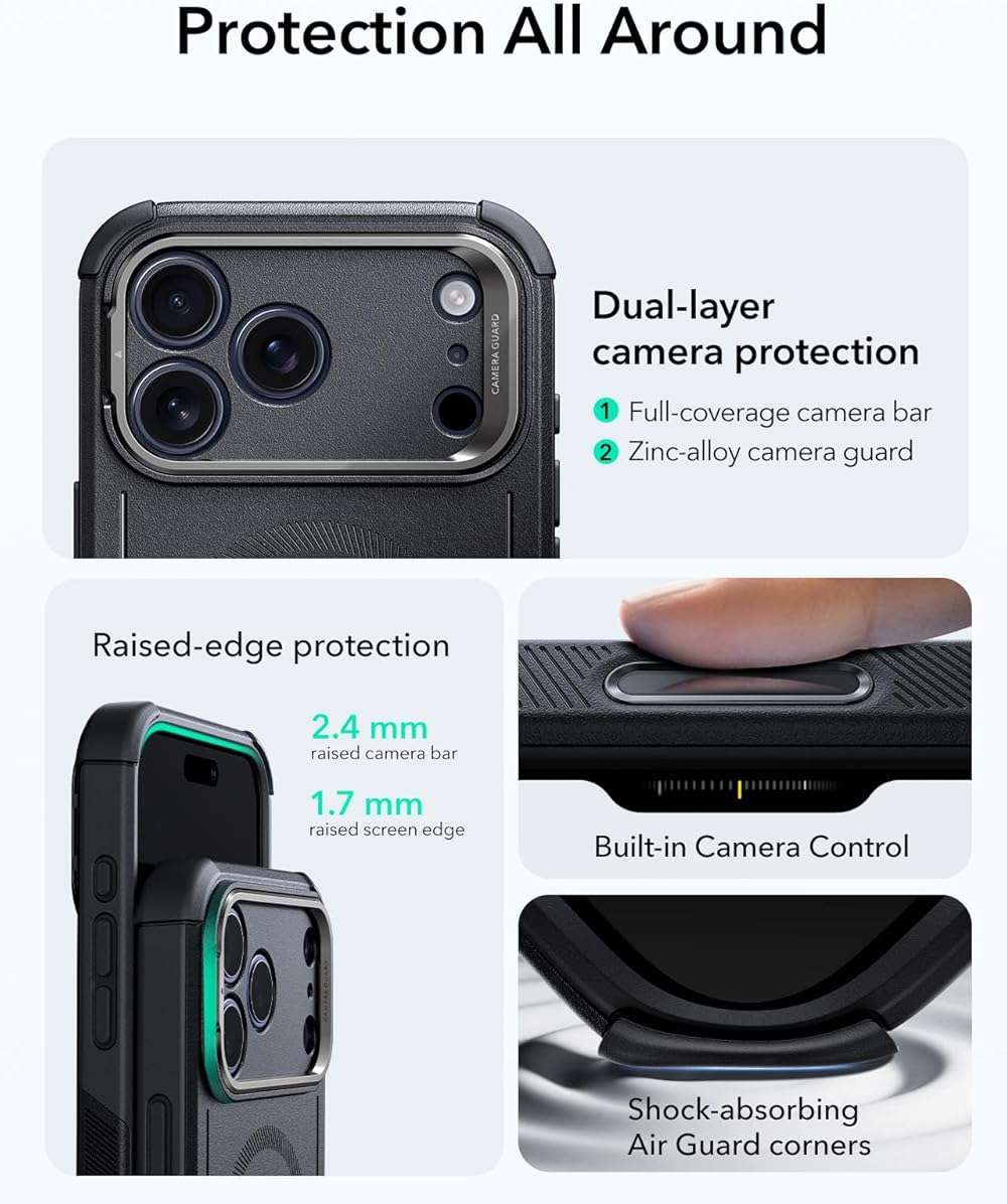 ESR for iPhone 17 Pro Max Phone Case with Stand, 23ft Military-Grade Drop Protection, Camera Control Button, Shock-Absorbing Rugged Cover, Compatible with MagSafe Accessories, Cyber Series, Black - Image 3