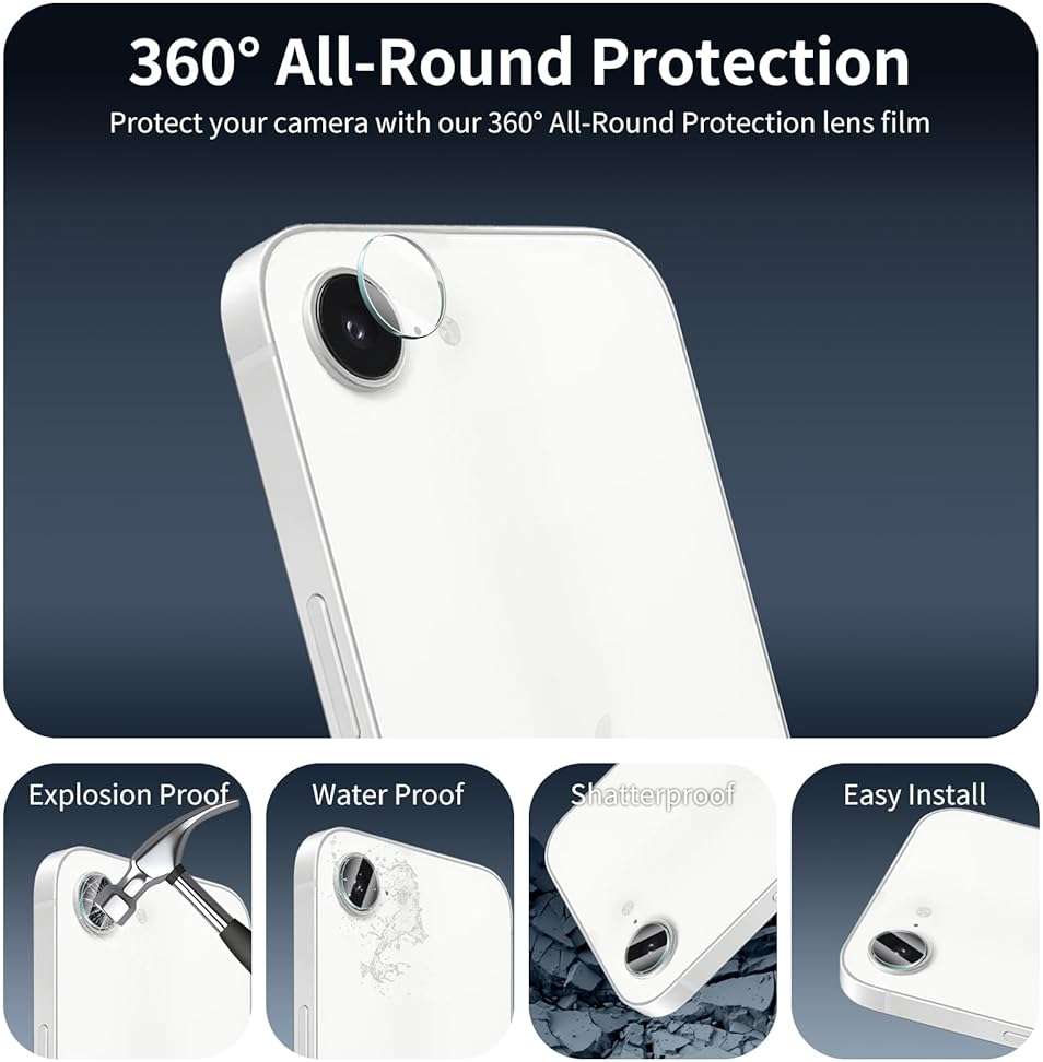 Fynorao 3+3+1-Pack, Screen Protector and Camera Lens Protector for iPhone 17e/16e with Back Tempered Glass Film, Impact-Protection, HD, Anti-Scratch, 9H Hardness, Case Friendly, Bubble Free - Image 5