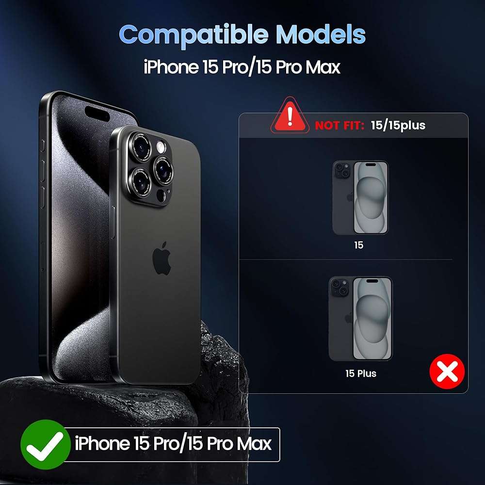 CACOE Camera Lens Protector for iPhone 15 Pro/15 Pro Max - Metal Frame Tempered Glass Cover, [Anti-Scratch] [Drop-Proof][Strong-Adhesion] Camera Screen Cover(Black) - Image 2
