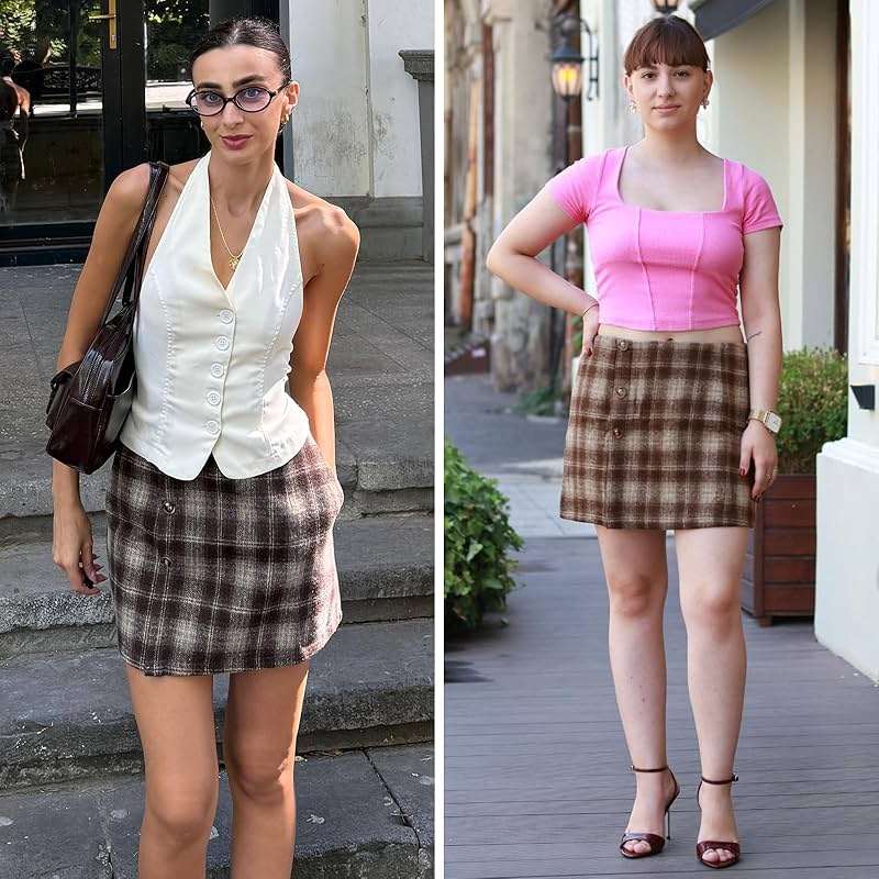 EXLURA Womens Faux Wool Plaid Mini Skirt Elastic High Waisted Tweed Skirts Button Bodycon Skirt Fall Winter Outfit Pocket - Image 2
