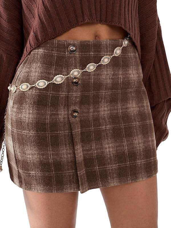 EXLURA Womens Faux Wool Plaid Mini Skirt Elastic High Waisted Tweed Skirts Button Bodycon Skirt Fall Winter Outfit Pocket - Image 3