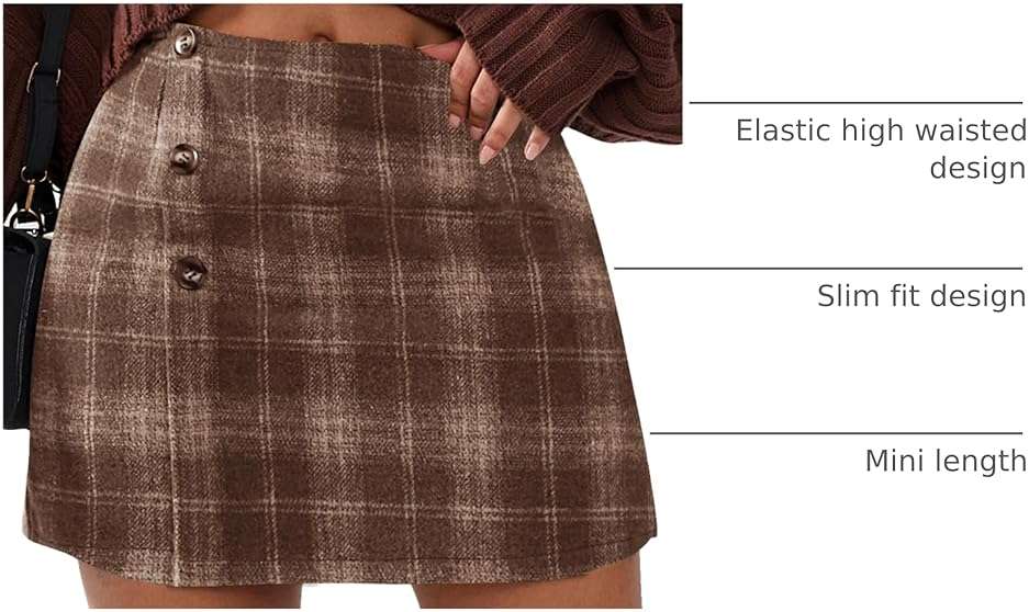 EXLURA Womens Faux Wool Plaid Mini Skirt Elastic High Waisted Tweed Skirts Button Bodycon Skirt Fall Winter Outfit Pocket - Image 4