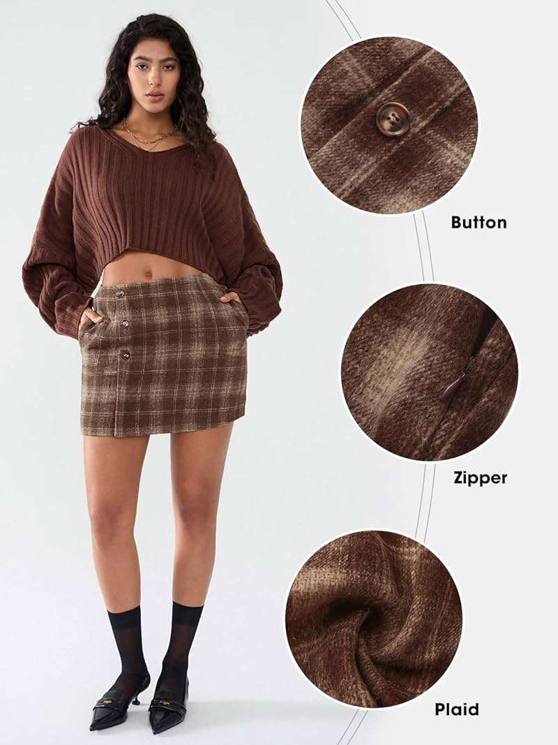 EXLURA Womens Faux Wool Plaid Mini Skirt Elastic High Waisted Tweed Skirts Button Bodycon Skirt Fall Winter Outfit Pocket - Image 5