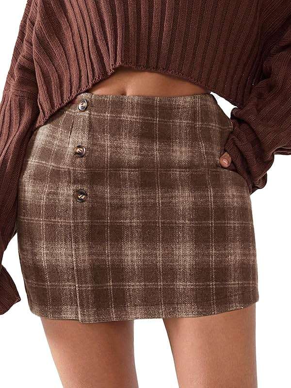 EXLURA Womens Faux Wool Plaid Mini Skirt Elastic High Waisted Tweed Skirts Button Bodycon Skirt Fall Winter Outfit Pocket - Image 8