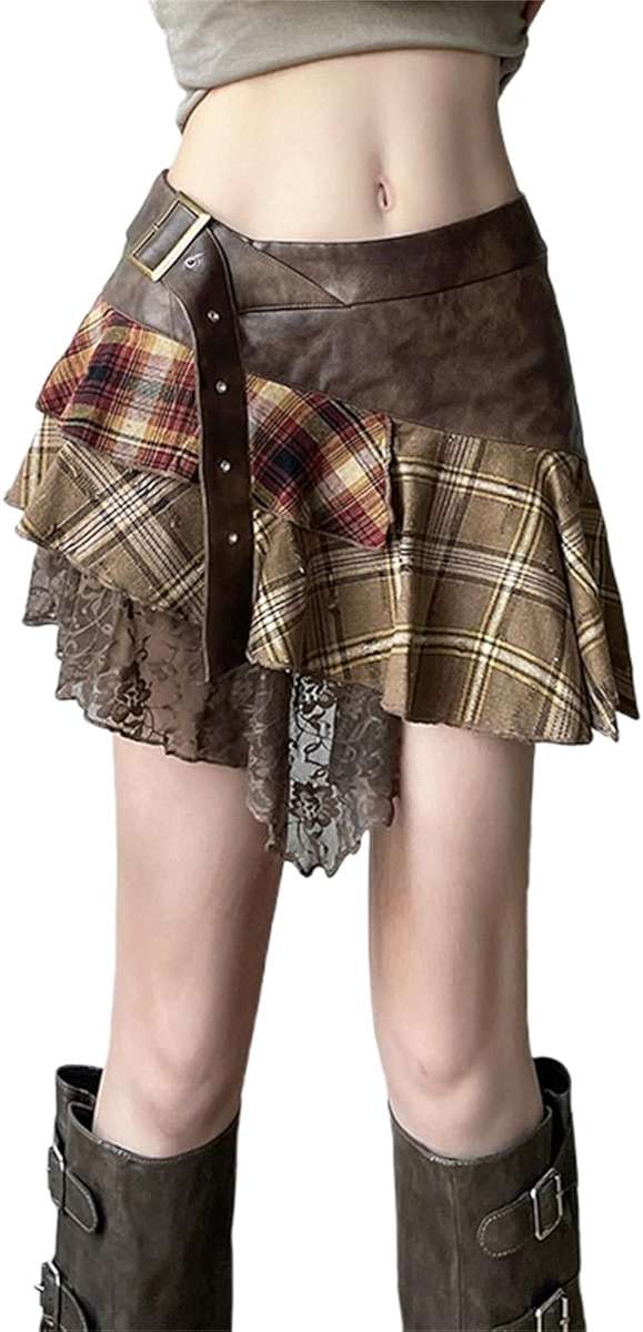 Inpunktoo Goth Plaid Mini Skirt Women Y2k Asymmetrical Fairy A Line Punk Tiered Emo - Image 1