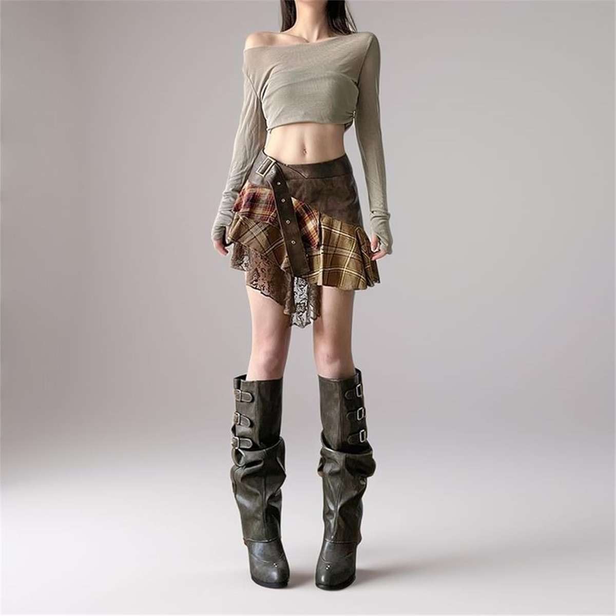Inpunktoo Goth Plaid Mini Skirt Women Y2k Asymmetrical Fairy A Line Punk Tiered Emo - Image 3