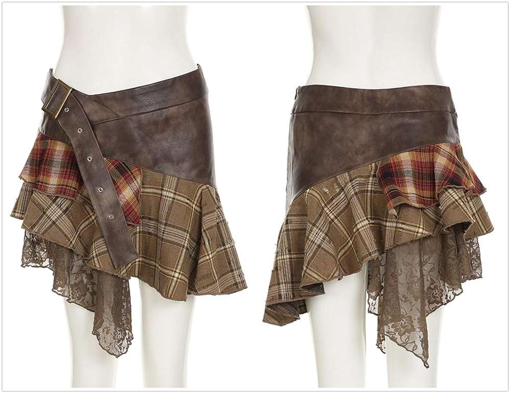 Inpunktoo Goth Plaid Mini Skirt Women Y2k Asymmetrical Fairy A Line Punk Tiered Emo - Image 6