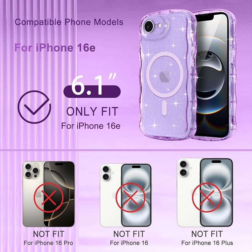 Pepmune Magnetic for iPhone 17e/16e Case Clear, Sparkly Bling Glitter Cute Curly Wave Transparent Cover for Women Girls Compatible with MagSafe TPU Shockproof Phone Case for iPhone 16e/17e, Purple - Image 2