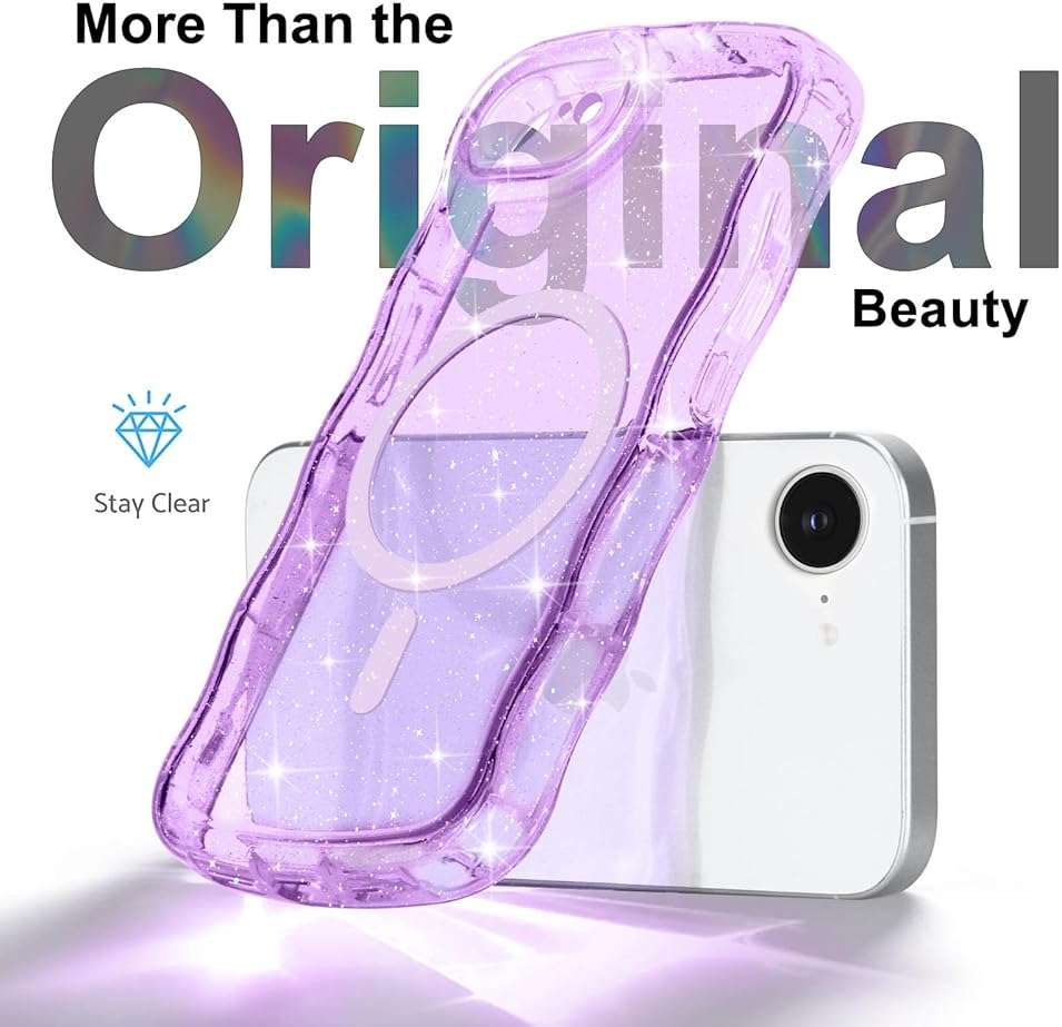 Pepmune Magnetic for iPhone 17e/16e Case Clear, Sparkly Bling Glitter Cute Curly Wave Transparent Cover for Women Girls Compatible with MagSafe TPU Shockproof Phone Case for iPhone 16e/17e, Purple - Image 3