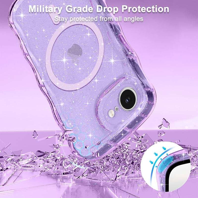 Pepmune Magnetic for iPhone 17e/16e Case Clear, Sparkly Bling Glitter Cute Curly Wave Transparent Cover for Women Girls Compatible with MagSafe TPU Shockproof Phone Case for iPhone 16e/17e, Purple - Image 4