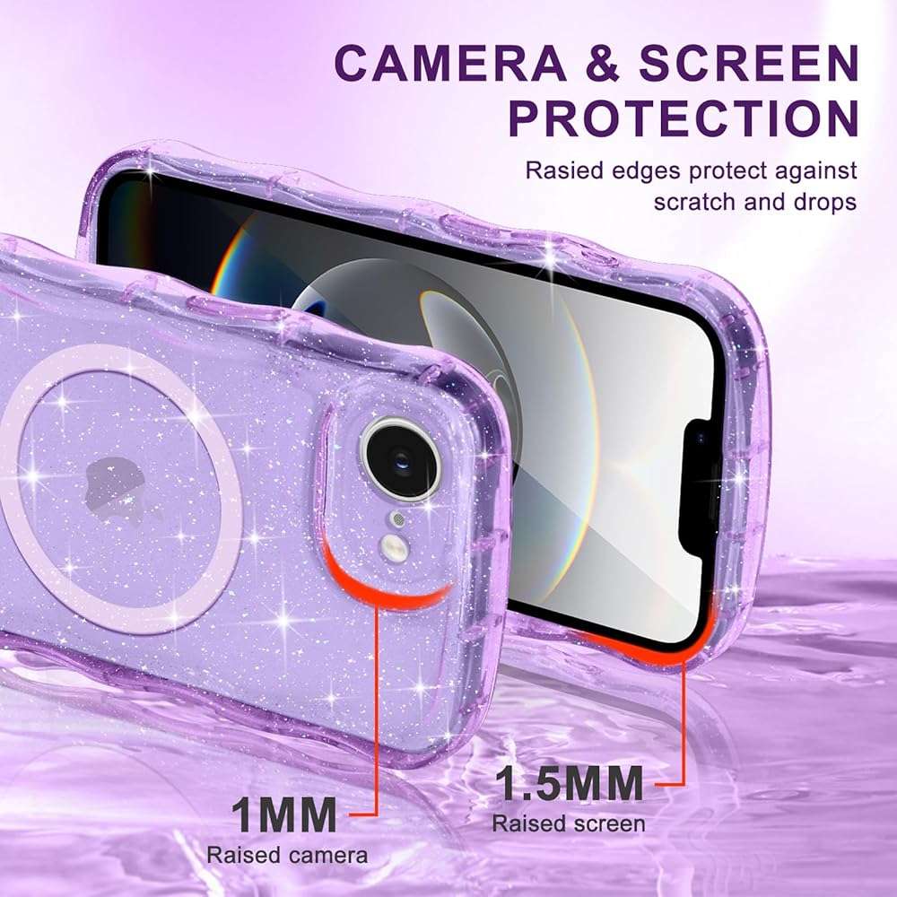 Pepmune Magnetic for iPhone 17e/16e Case Clear, Sparkly Bling Glitter Cute Curly Wave Transparent Cover for Women Girls Compatible with MagSafe TPU Shockproof Phone Case for iPhone 16e/17e, Purple - Image 5