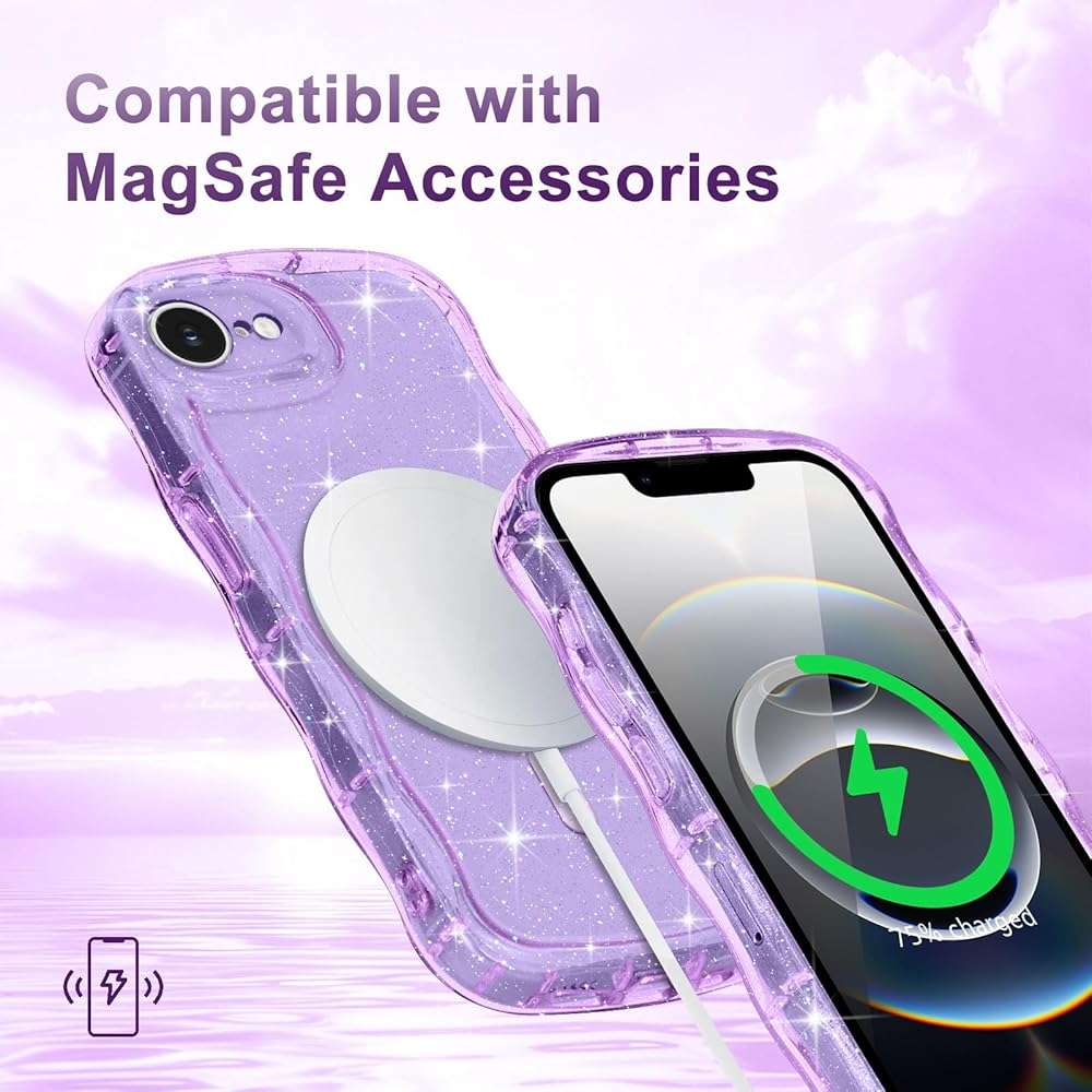 Pepmune Magnetic for iPhone 17e/16e Case Clear, Sparkly Bling Glitter Cute Curly Wave Transparent Cover for Women Girls Compatible with MagSafe TPU Shockproof Phone Case for iPhone 16e/17e, Purple - Image 6