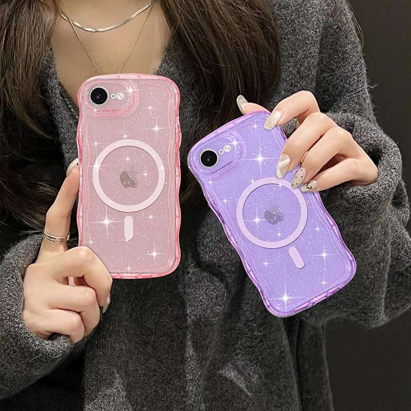 Pepmune Magnetic for iPhone 17e/16e Case Clear, Sparkly Bling Glitter Cute Curly Wave Transparent Cover for Women Girls Compatible with MagSafe TPU Shockproof Phone Case for iPhone 16e/17e, Purple - Image 7