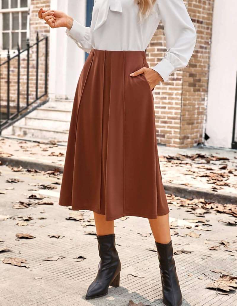 Kate Kasin Women's Pleated Midi Skirt 2026 Fall High Waisted Knee Length Flowy A Line Swing Casual Flared Skirts with Pockets - Image 3