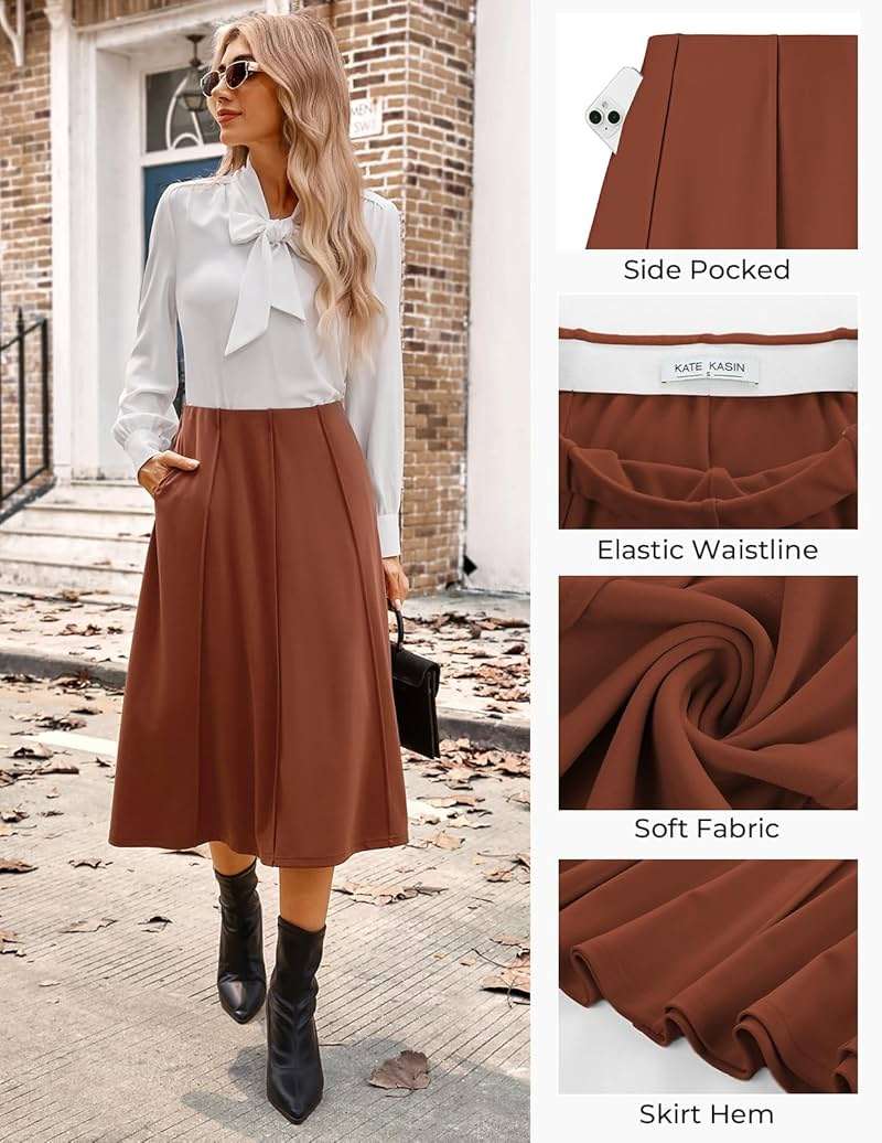 Kate Kasin Women's Pleated Midi Skirt 2026 Fall High Waisted Knee Length Flowy A Line Swing Casual Flared Skirts with Pockets - Image 4