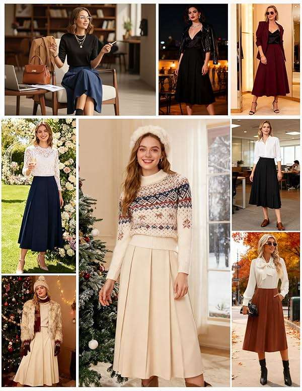 Kate Kasin Women's Pleated Midi Skirt 2026 Fall High Waisted Knee Length Flowy A Line Swing Casual Flared Skirts with Pockets - Image 5