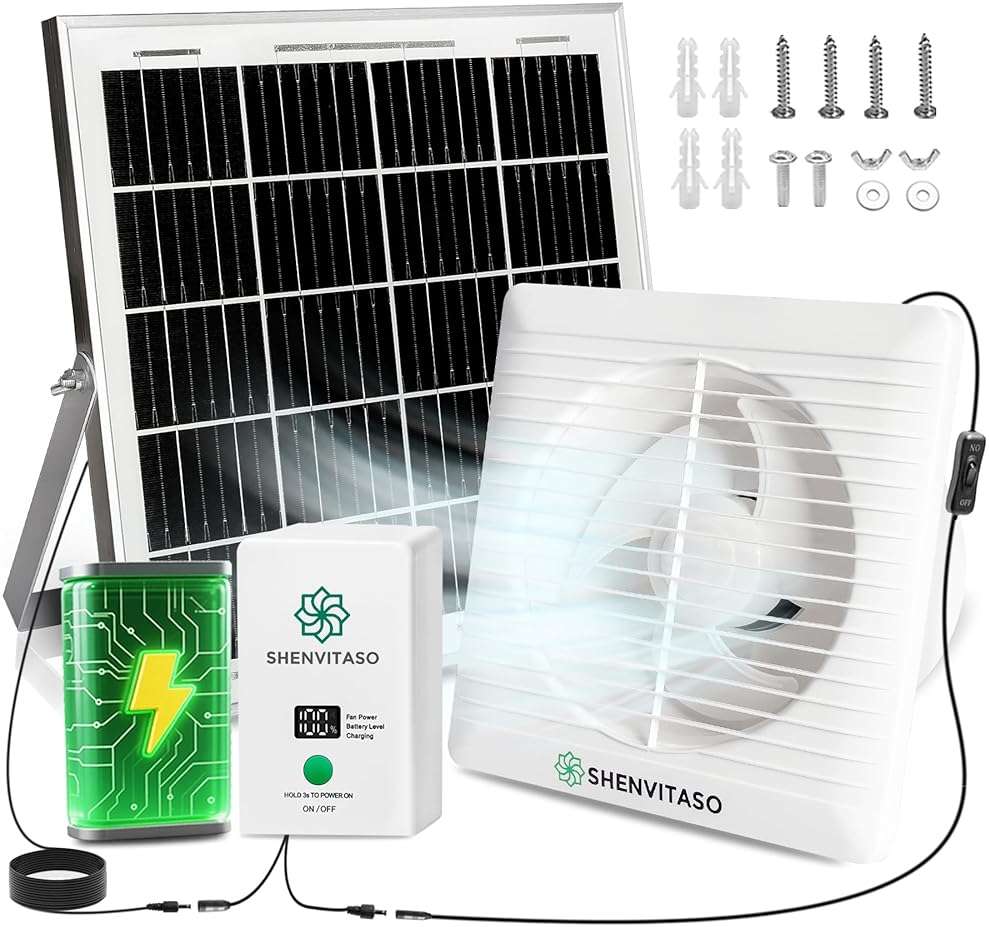 SHENVITASO Solar Powered Exhaust Fan Kit, 25W 8" Ventilation Fan with Battery Backup, Up to 9‑Hour Runtime, 430CFM, IP44 Waterproof, for Chicken Coop, Greenhouse, Shed, Attic, RV - Image 1