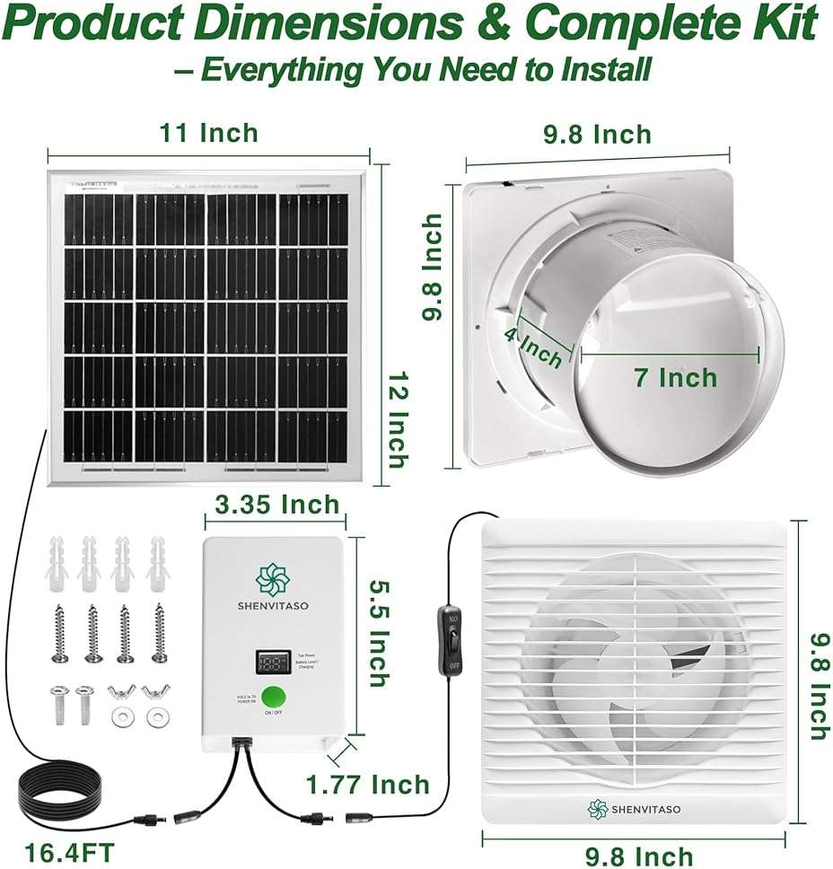 SHENVITASO Solar Powered Exhaust Fan Kit, 25W 8" Ventilation Fan with Battery Backup, Up to 9‑Hour Runtime, 430CFM, IP44 Waterproof, for Chicken Coop, Greenhouse, Shed, Attic, RV - Image 2